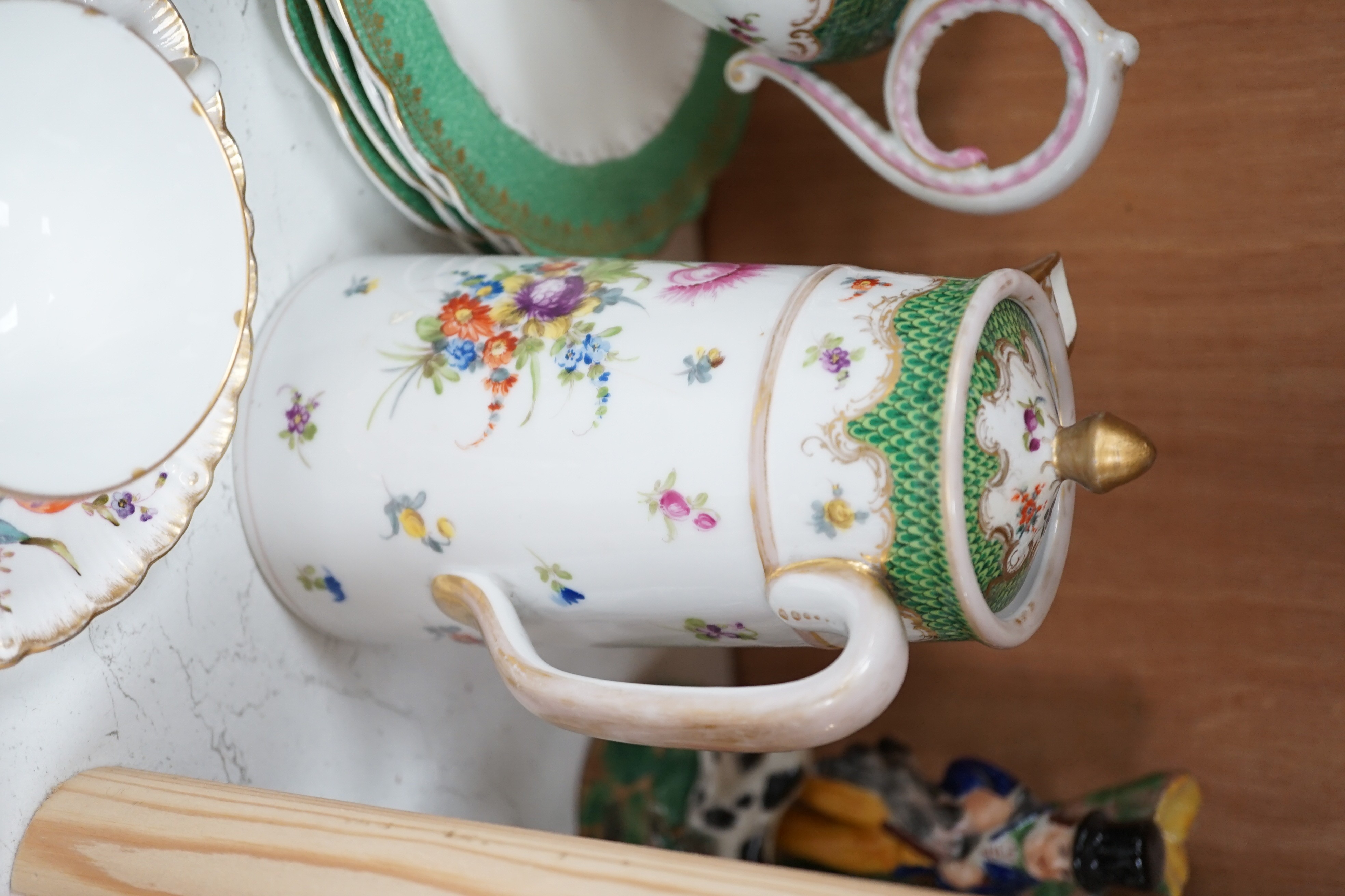 Mixed tea wares to include Nymphenburg, Dresden and a Victorian floral decorated bone china tea set